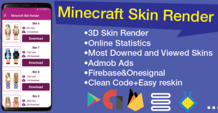 Modelo de aplicativo de skin Minecraft com renderização de skin 3D