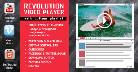 Revolution Video Player com lista de reprodução inferior – YouTube/Vimeo/suporte auto-hospedado