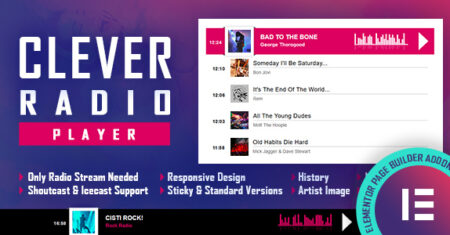 CLEVER – reprodutor de rádio HTML5 com história – Shoutcast e Icecast – complemento de widget Elementor