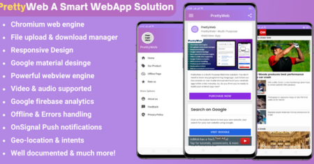 PrettyWeb – aplicativo Android WebView multifuncional, anúncios AdMob, OneSignal Push e muito mais