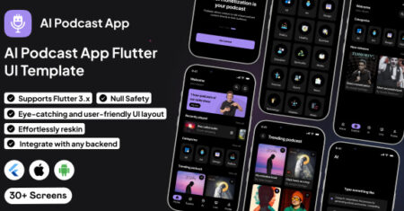 Modelo de interface do usuário AIVoiceHub |  Aplicativo de podcast on-line em Flutter |  Modelo de aplicativo de música PodHub