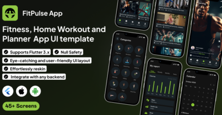 Modelo de interface do usuário FitPulse |  Aplicativo de fitness em Flutter |  Aplicativo de treino em casa |  Modelo de aplicativo de planejador de treino