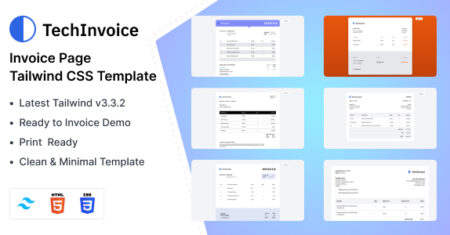 TechInvoice – Página de fatura Tailwind CSS 3 HTML Template